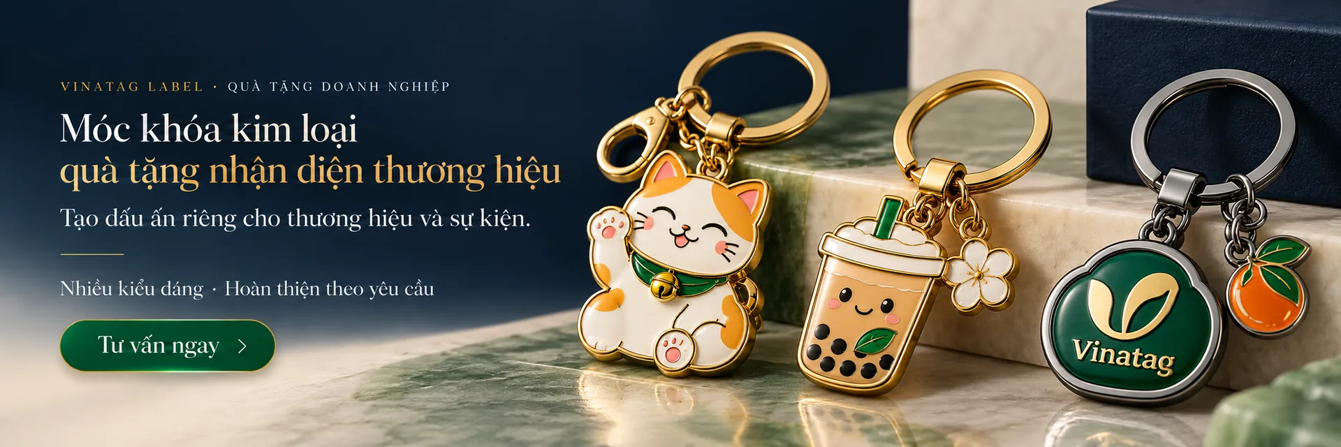 Banner Vinatag: móc khóa kim loại tạo hình và phủ men màu theo thiết kế