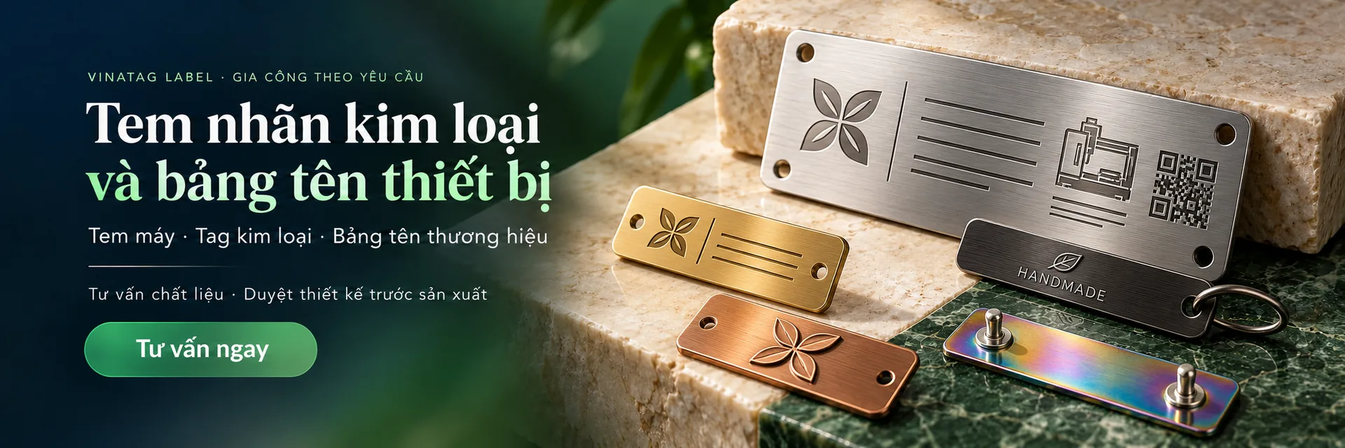 Banner Vinatag: tem nhãn kim loại và bảng tên thiết bị với bề mặt khắc, mạ màu