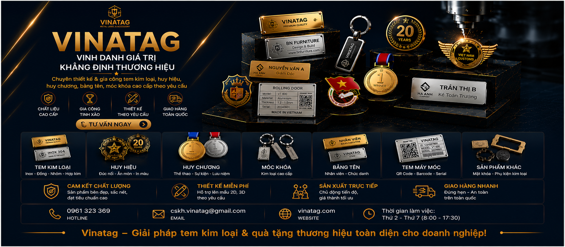 Vinatag gia công tem kim loại, huy hiệu, huy chương, bảng tên và móc khóa theo yêu cầu