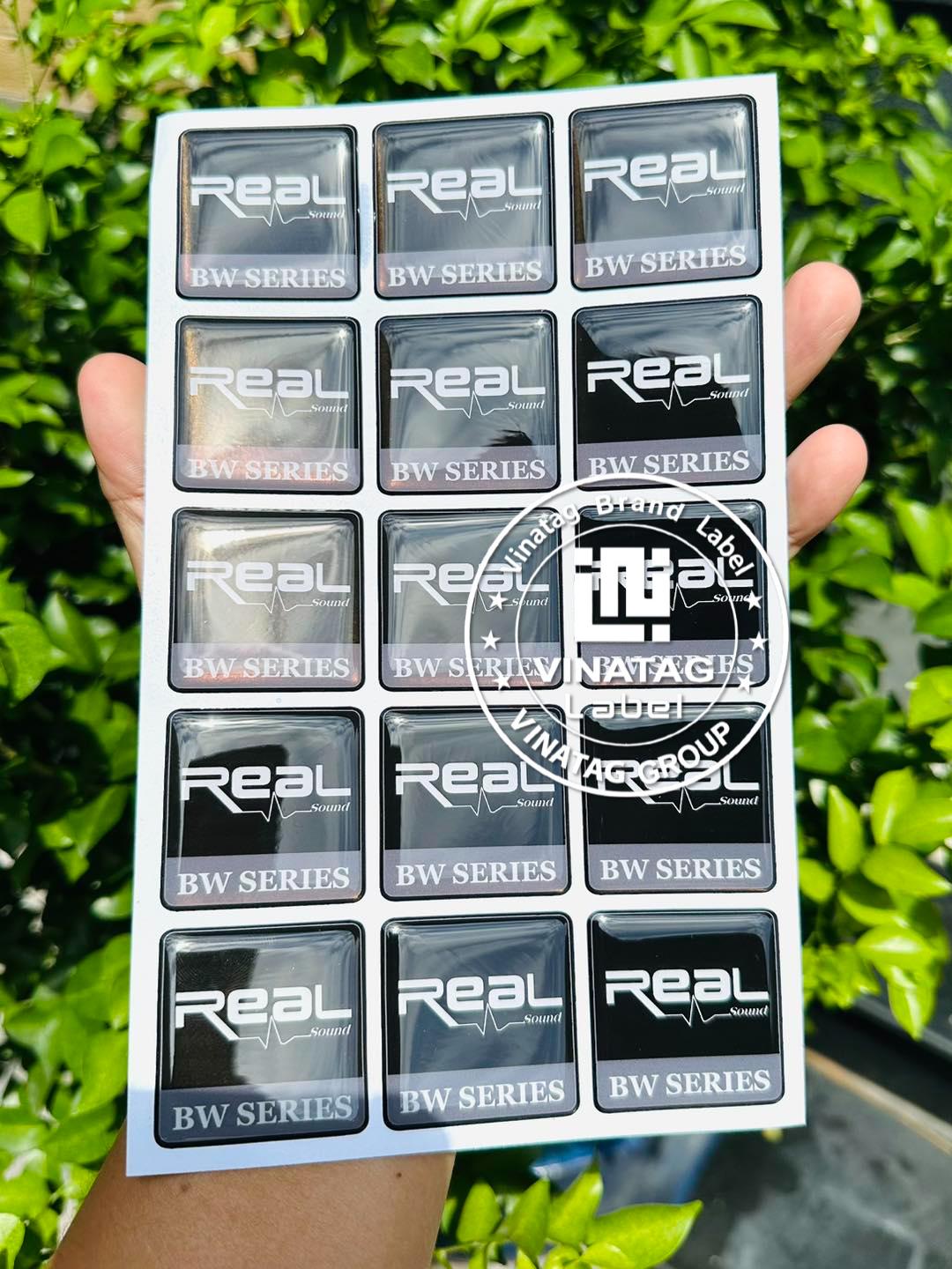 Tem epoxy logo REAL Sound BW Series nền đen phủ nổi bóng – tem epoxy là gì