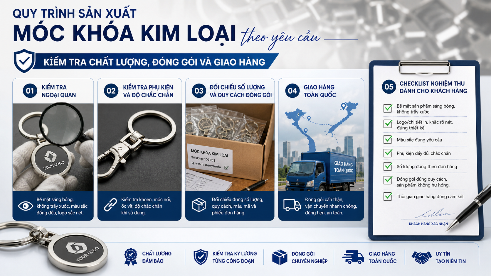 Kiểm tra chất lượng, đóng gói và giao hàng - quy trình sản xuất móc khóa kim loại