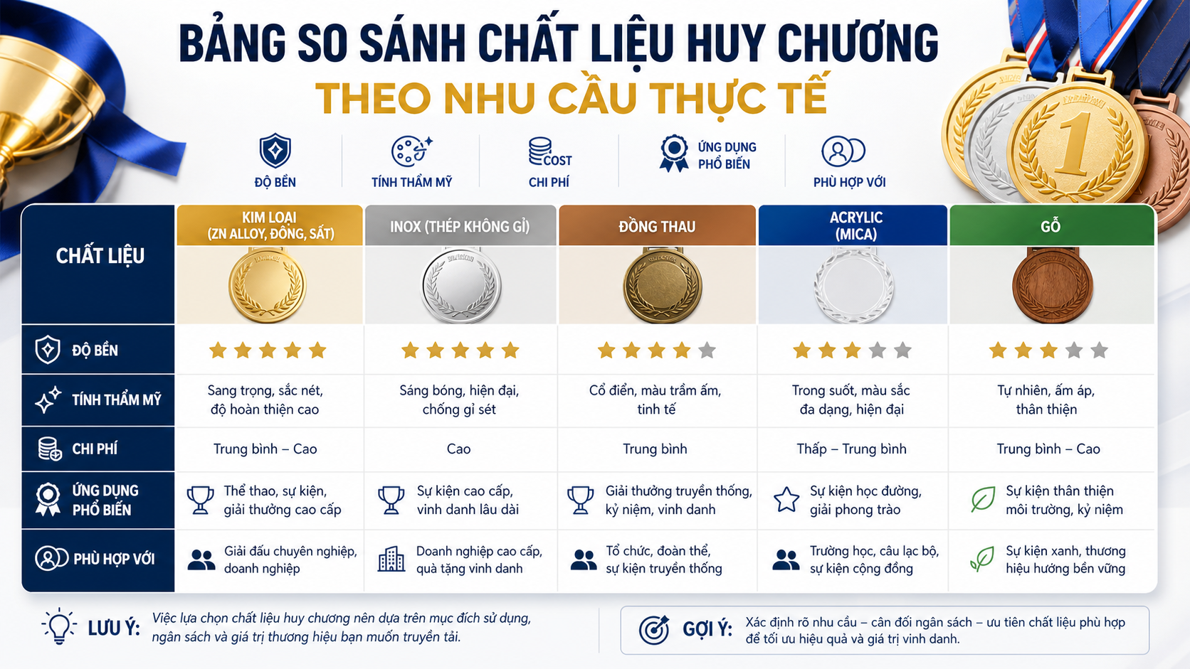 Bảng so sánh chất liệu huy chương theo nhu cầu thực tế Bảng so sánh chất liệu huy chương theo nhu cầu thực tế - chất liệu huy chương