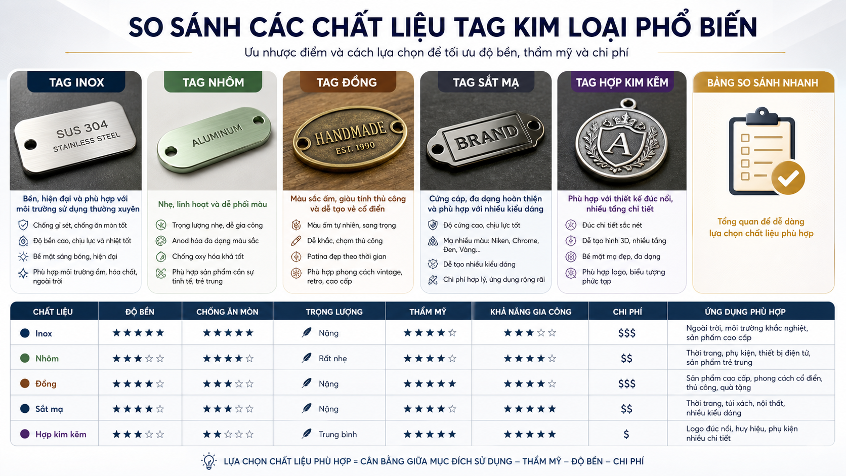 So sánh các chất liệu tag kim loại phổ biến So sánh các chất liệu tag kim loại phổ biến - chất liệu tag kim loại