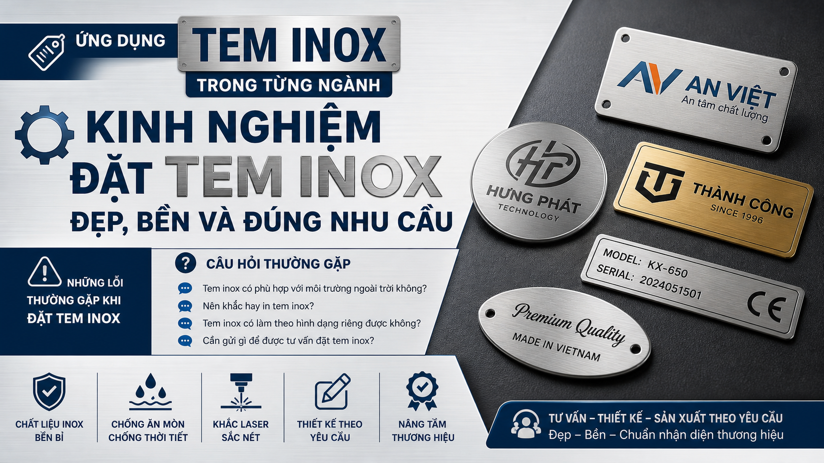 Kinh nghiệm đặt tem inox đẹp, bền và đúng nhu cầu - ứng dụng tem inox