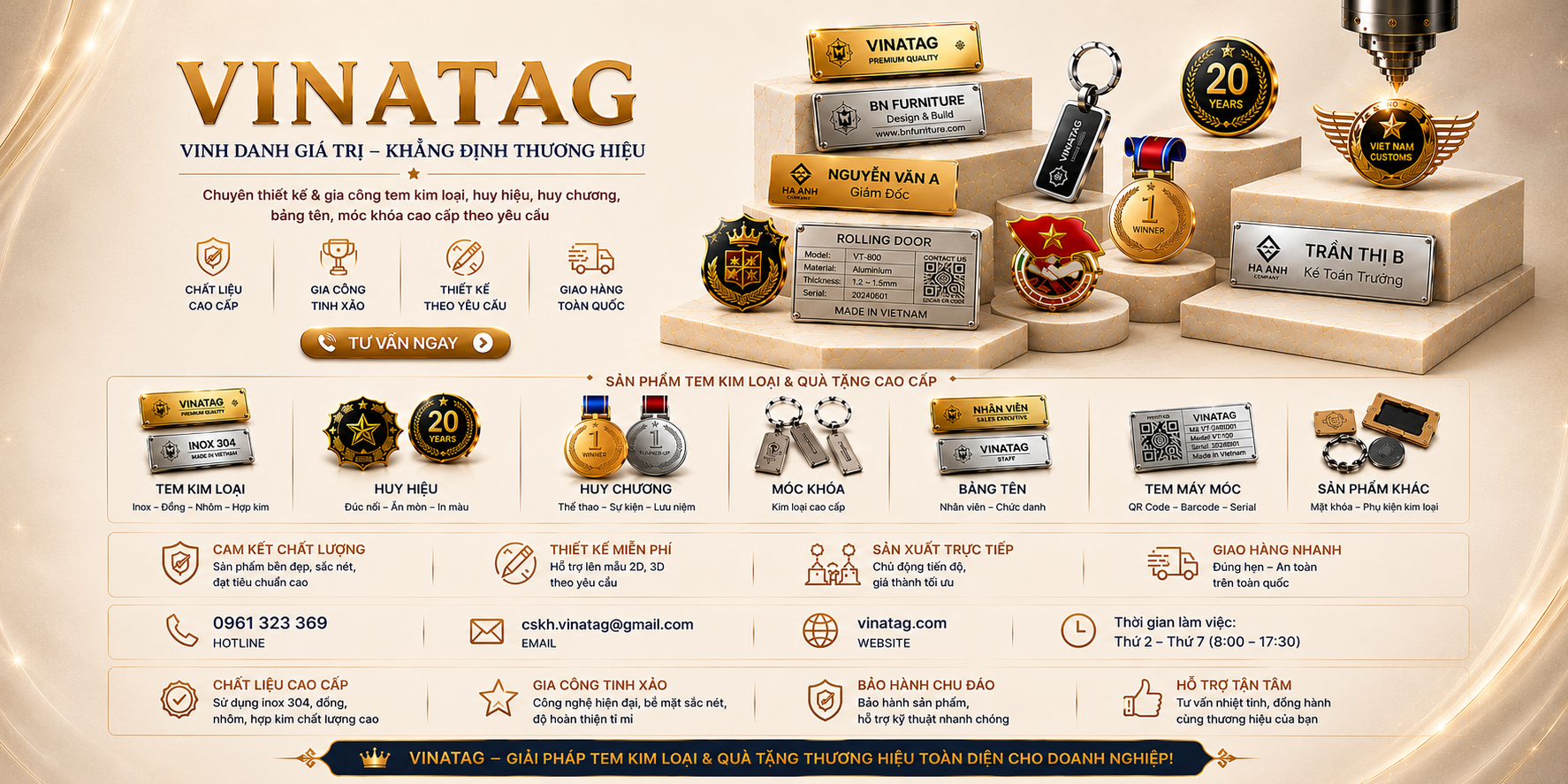 Vinatag cung cấp tem kim loại, huy hiệu, huy chương, móc khóa và bảng tên theo yêu cầu
