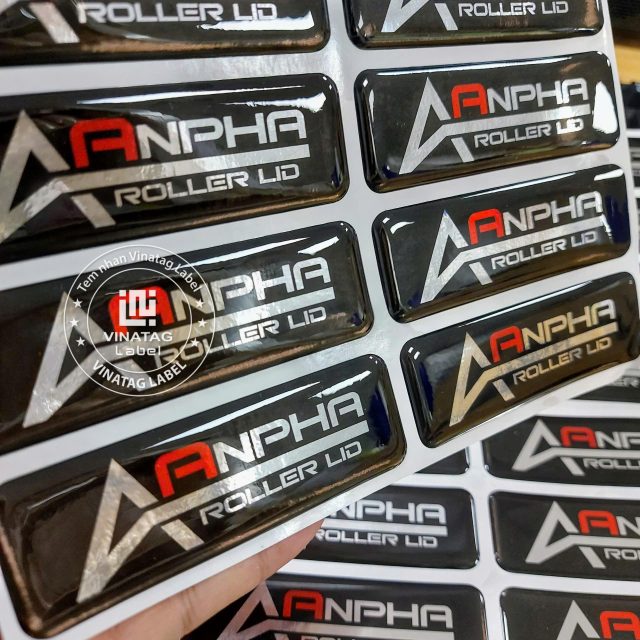 Tem epoxy logo ANPHA ROLLER màu đen bạc phủ nổi 3D